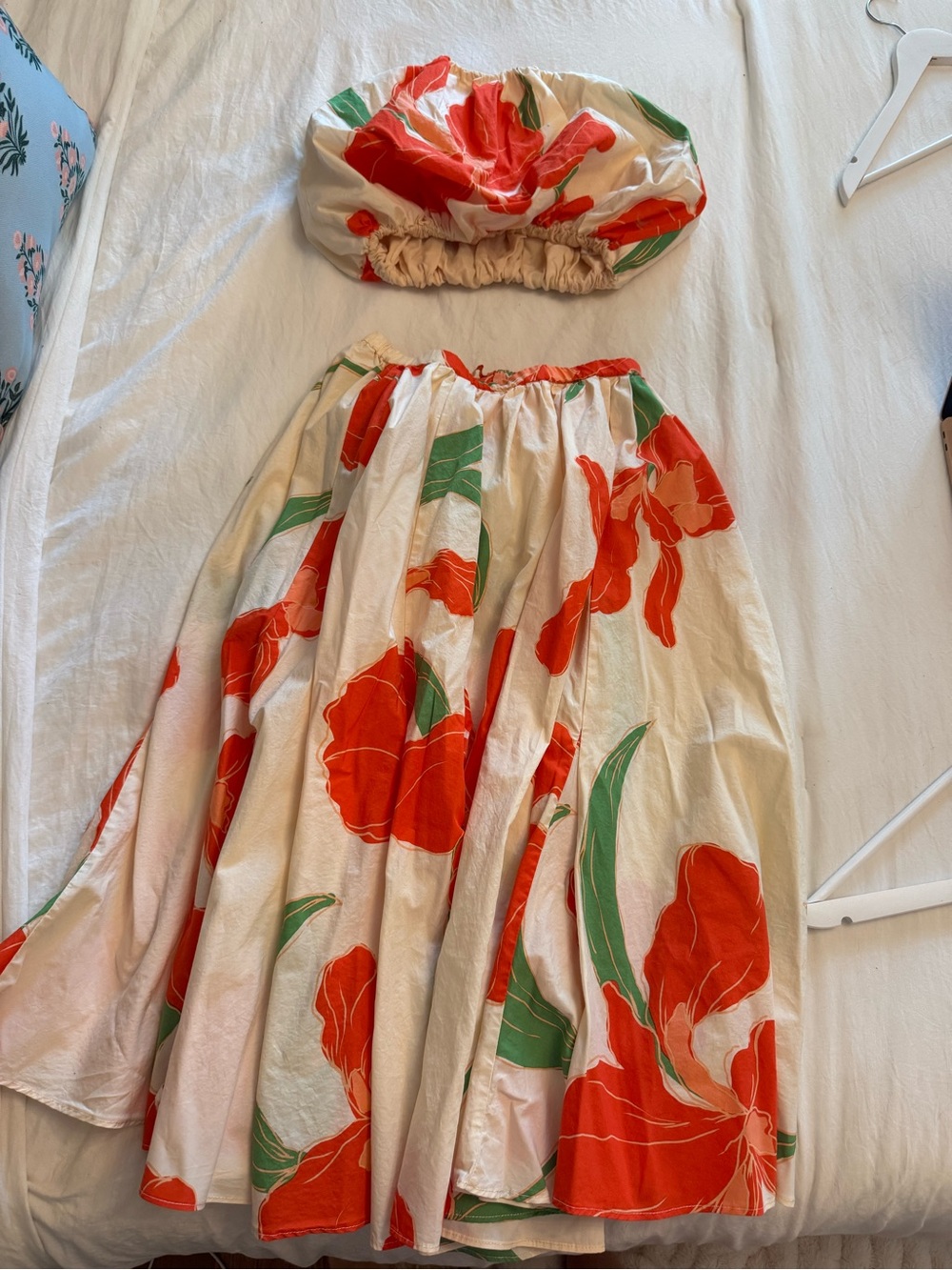 Olivaceous Cream Midi Skirt Set with Bold Red Floral Print
